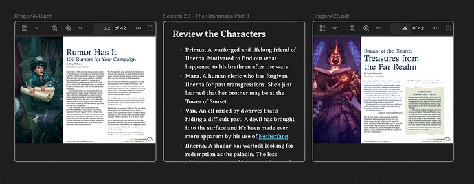 Obsidian canvas showing two cards with specific pages from the same PDF and a card containing session notes.