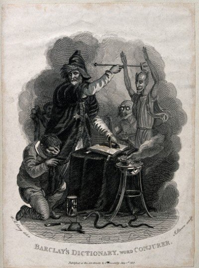 A wizard casting spells from his magic circle. Engraving by I. Wood